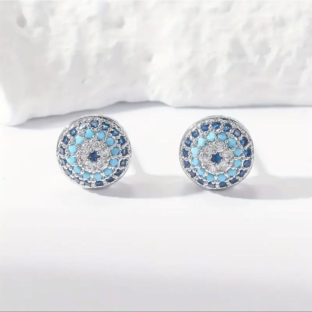 Chic Sterling Silver Evil Eye Stud Earrings Blue Zirconia Protection Spiritual